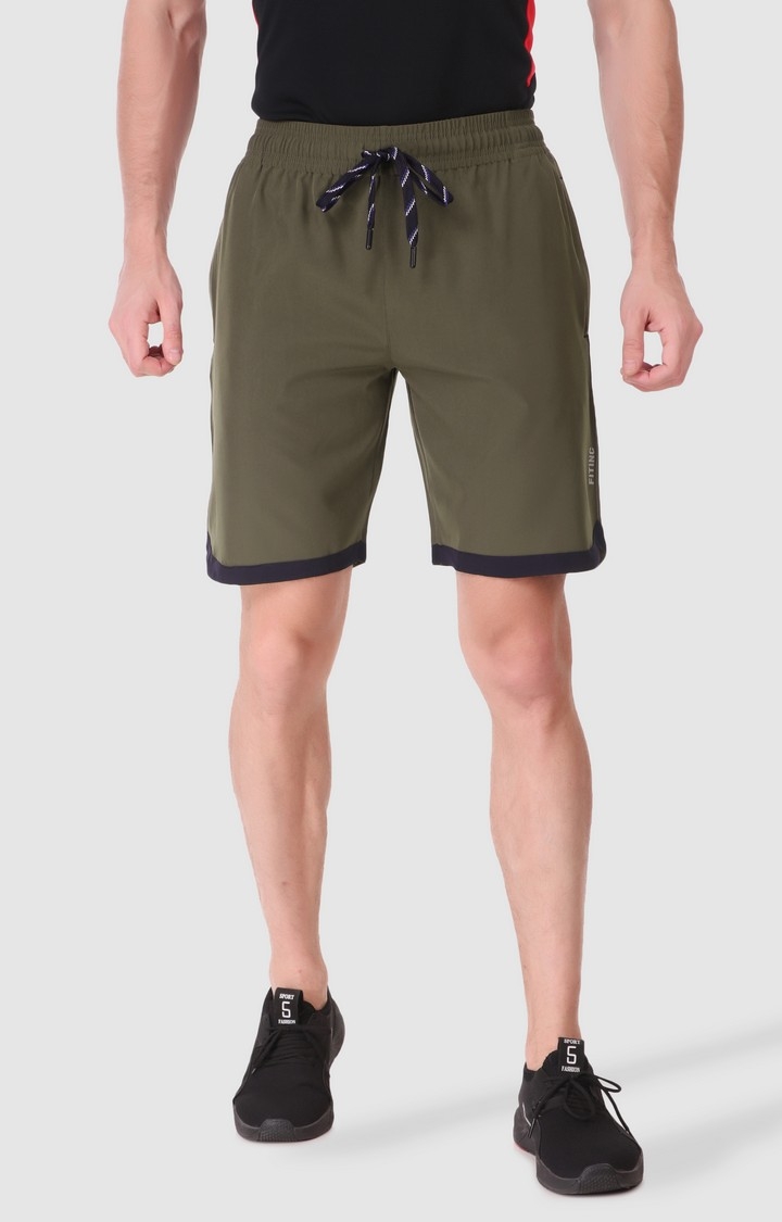 Fitinc | Fitinc N.S Lycra Olive Shorts for Men with Zipper Pockets & Knee Design