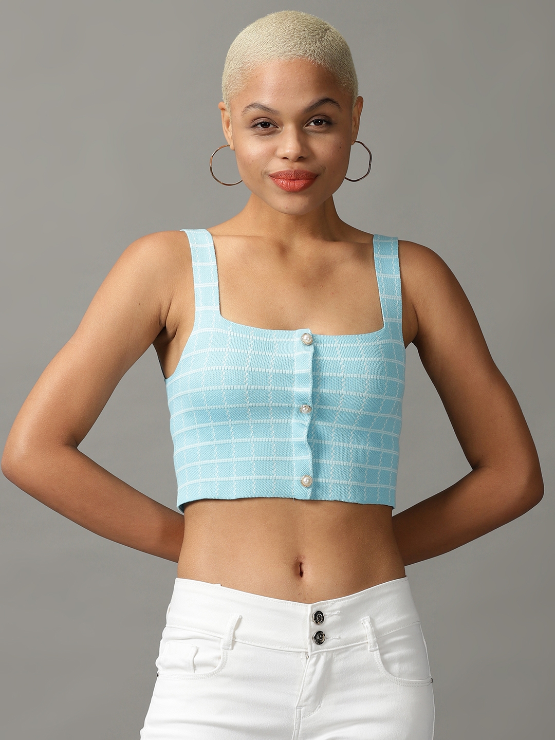 Women's Blue Wool Checked Tops