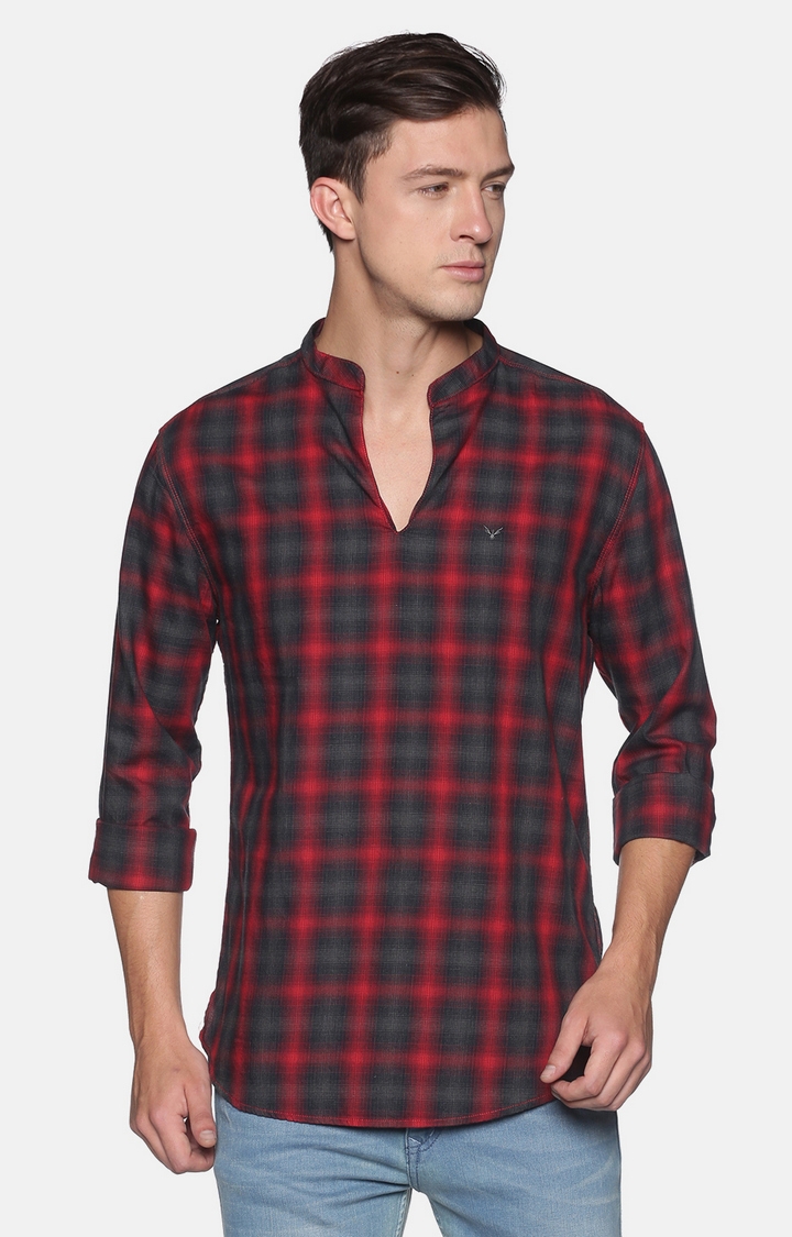 Showoff | Showoff Men's Cotton Casual Red Checked Slim Fit Kurta