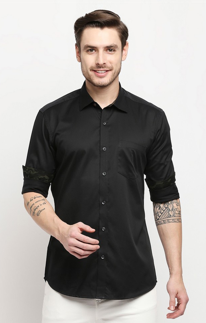 Evoq Solid Black Shirt with a Fashionable Twist for Men