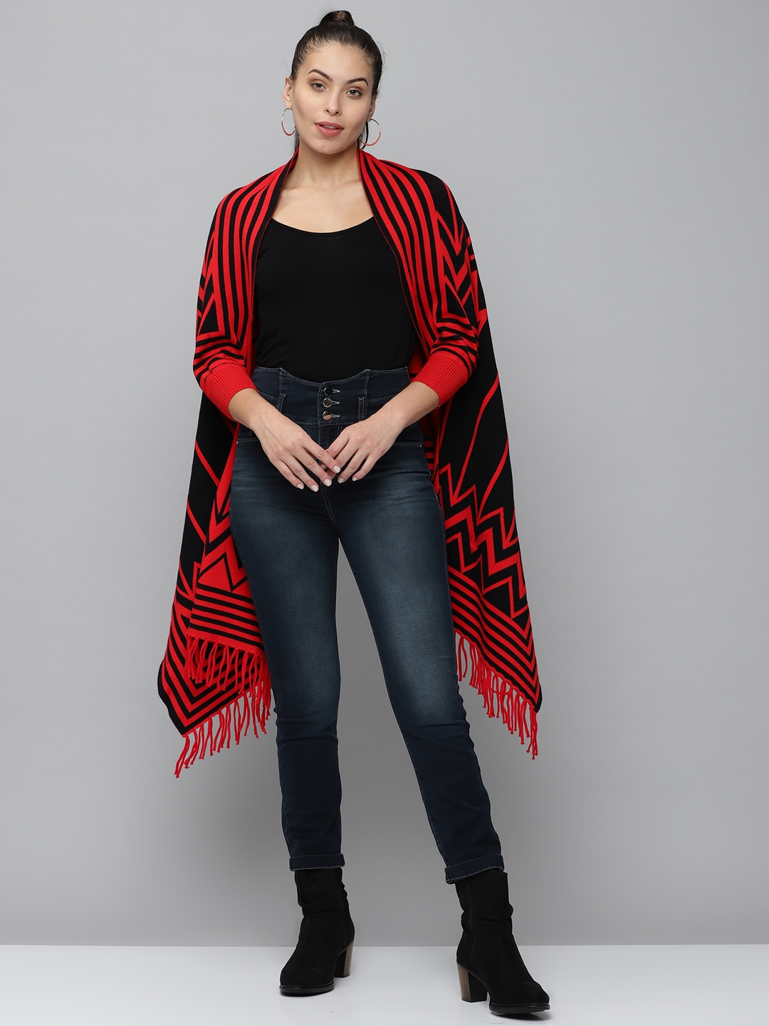 SHOWOFF Women's Short Sleeves Longline Red Striped Poncho