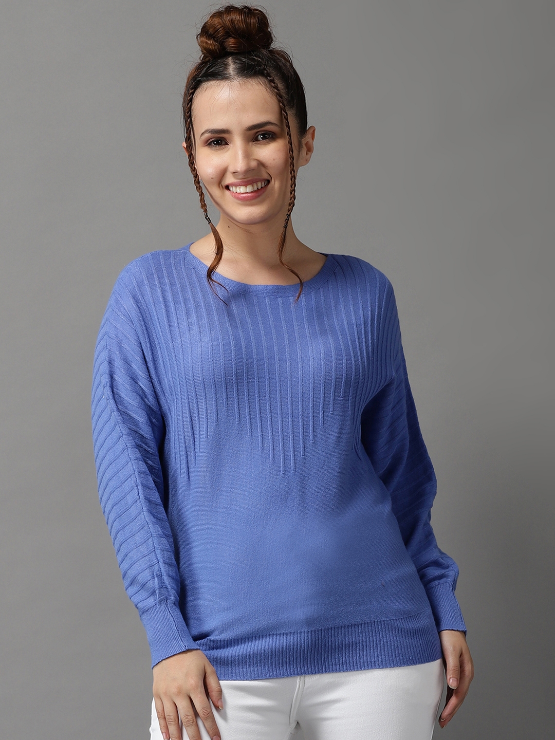 SHOWOFF Women's Long Sleeves Regular Blue Solid Pullover