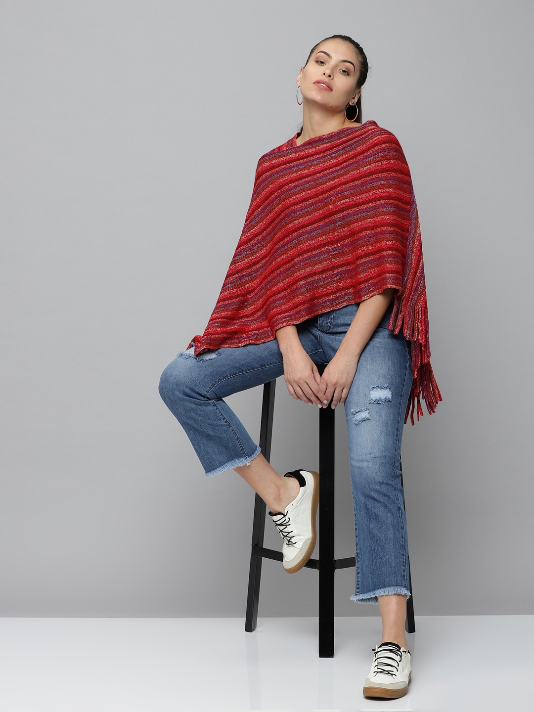 Women's Red Acrylic Striped Sweaters