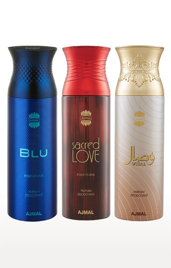 Ajmal Blu & Sacred Love & Wisal Deodorant Spray - For Men & Women (200 ml, Pack of 3) 