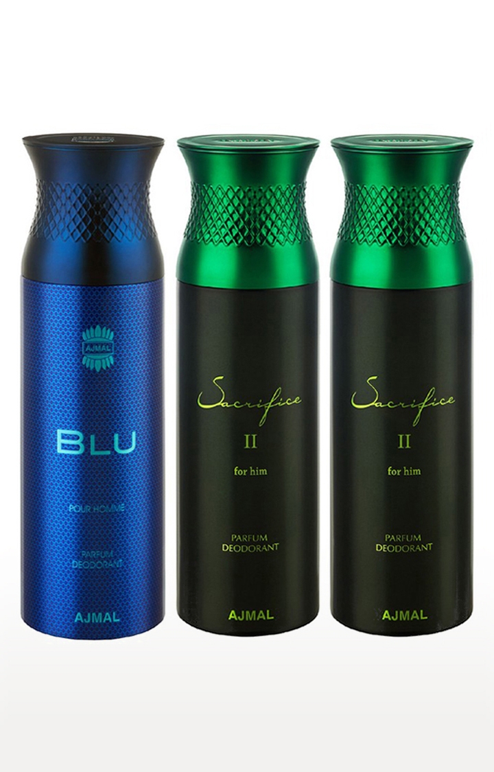 Ajmal Blu & Sacrifice II & Sacrifice II Deodorant Spray - For Men (200 ml, Pack of 3) 