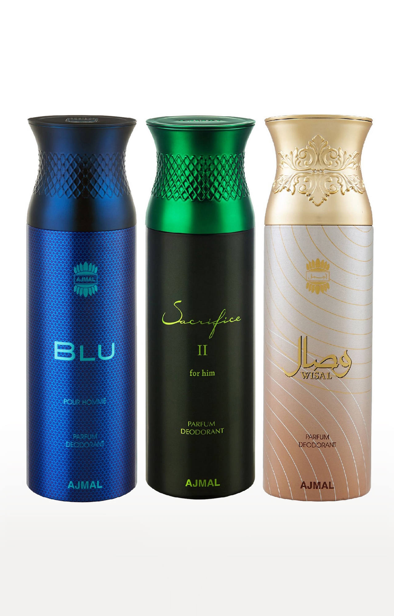 Ajmal Blu & Sacrifice II & Wisal Deodorant Spray - For Men (200 ml, Pack of 3)