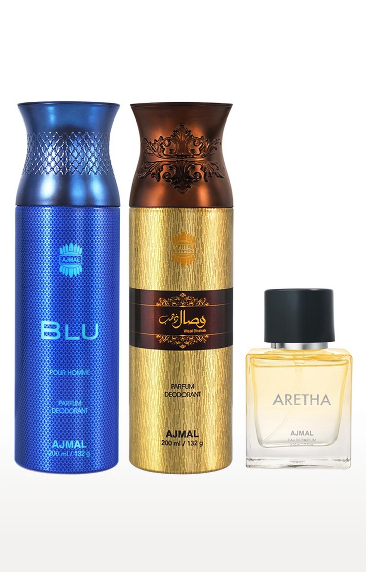 Ajmal | Ajmal Blu Homme & Wisal Dhahab Deodorant Spray Gift For Men And Aretha 50 Ml For Women (450 Ml Pack Of 3) 