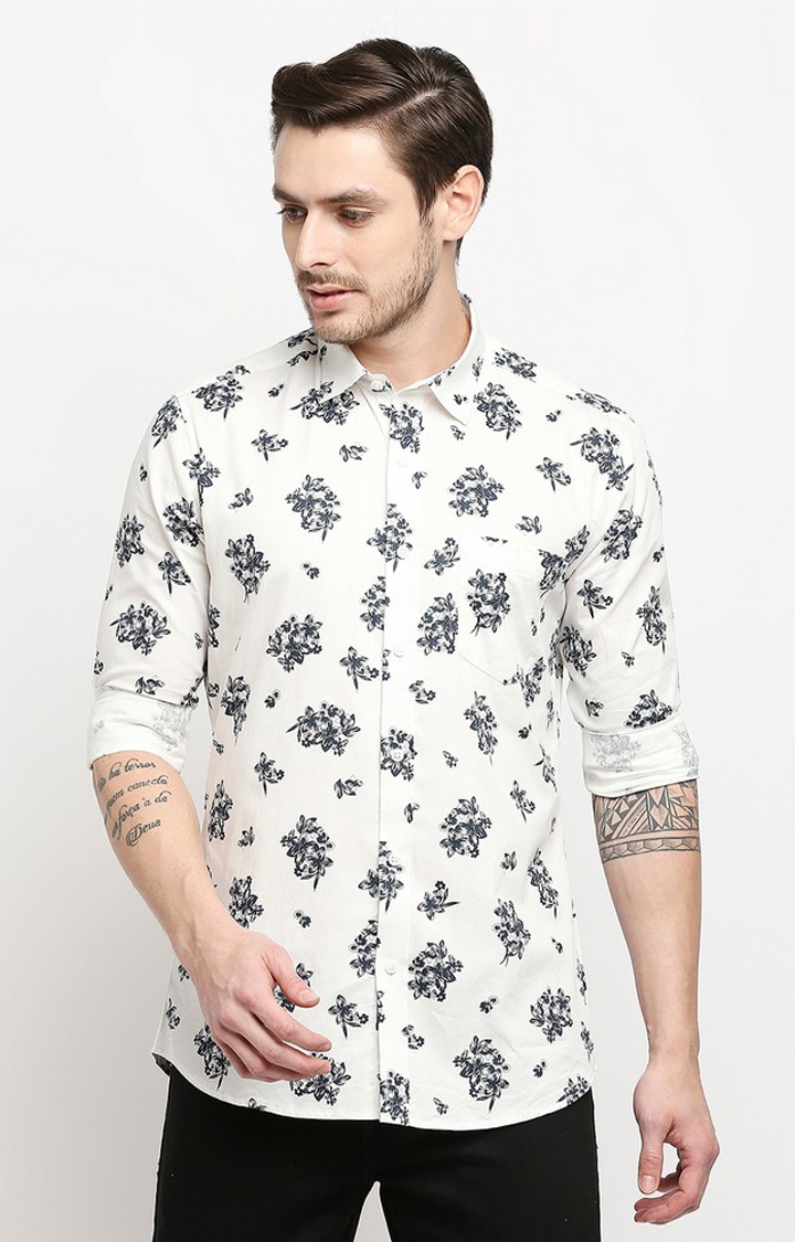 EVOQ | Evoq White Floral Printed Cotton Causal Shirt for Men