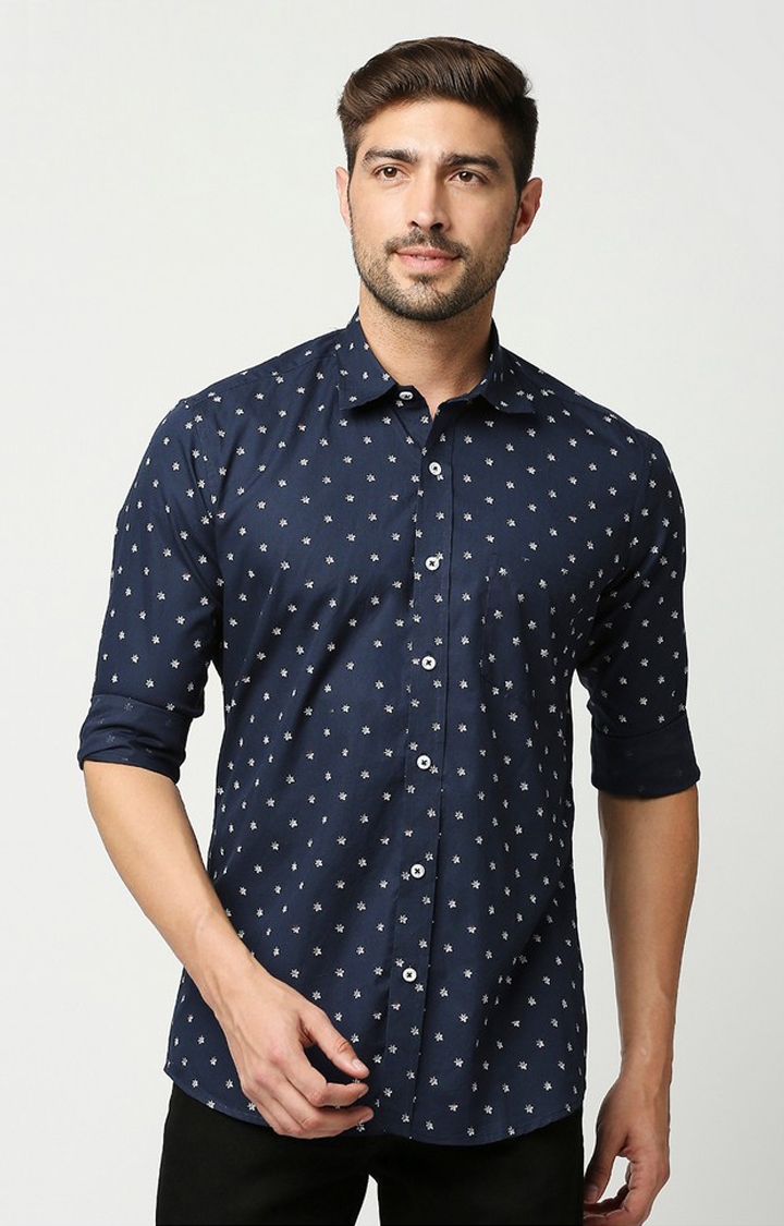 EVOQ's Blue Micro Floral Printed Full Sleeves Cotton Casual Shirt for Men