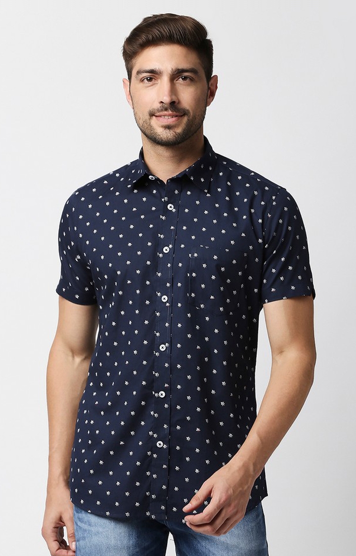 EVOQ | EVOQ's Blue Micro Floral Printed Half Sleeves Cotton Casual Shirt for Men