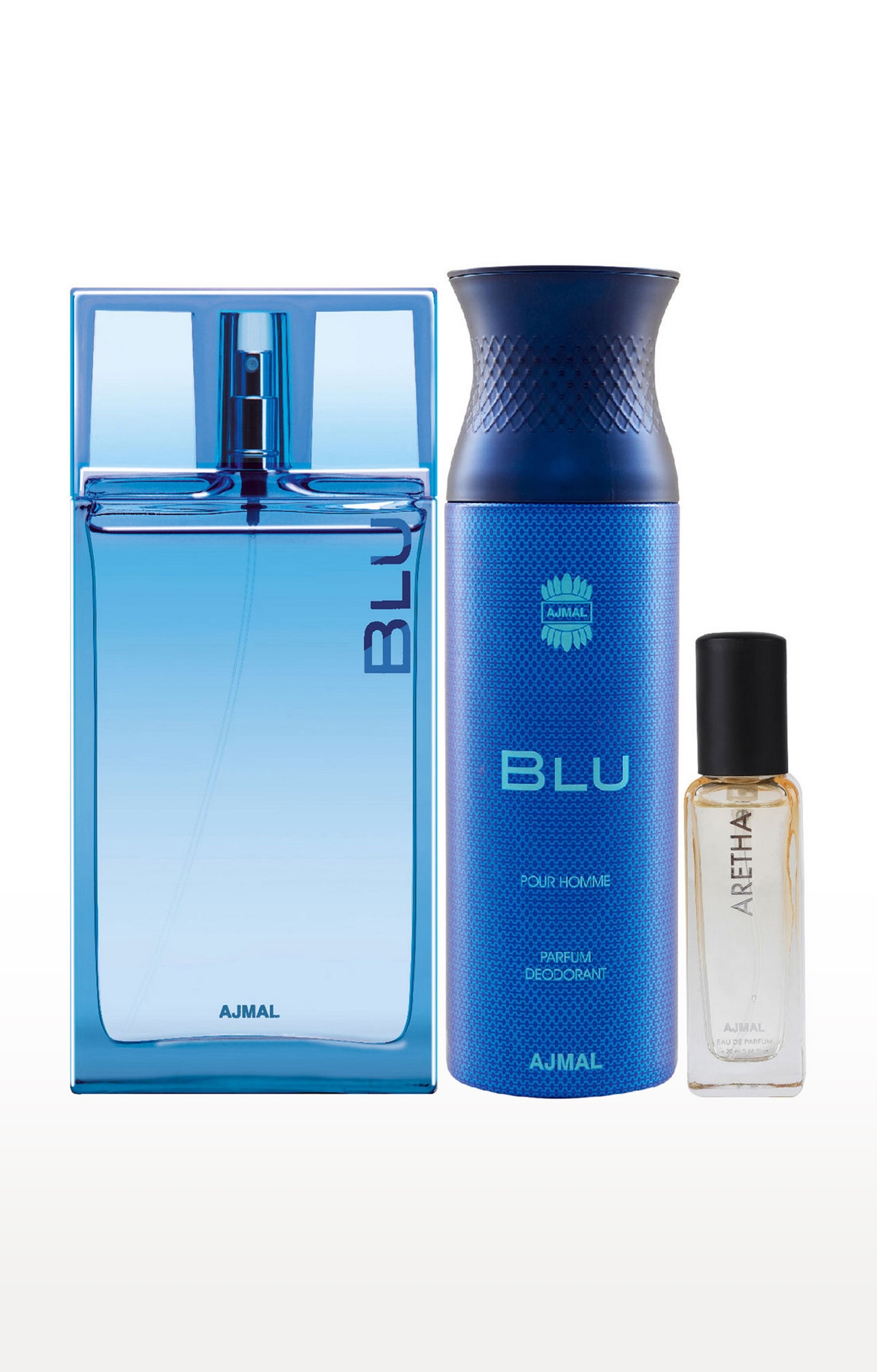 Ajmal | Ajmal Blu EDP 90ml and Blu Deo 200ml & Aretha EDP 20ML Pack of 3 (Total 310ML) for Men & Women + 2 Parfum Testers