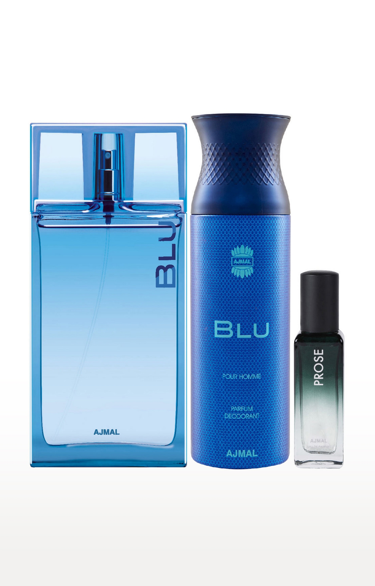 Ajmal | Ajmal Blu EDP 90ml and Blu Deo 200ml & Prose EDP 20ML Pack of 3 (Total 310ML) for Men & Women + 2 Parfum Testers