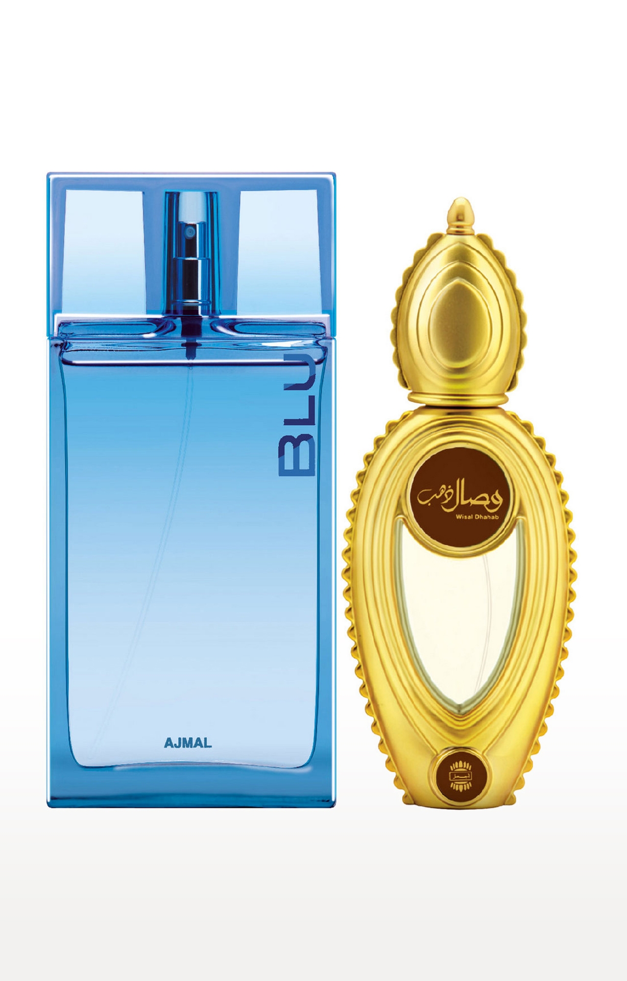 Ajmal | Ajmal Blu EDP Aquatic Woody Perfume 90ml for Men and Wisal Dhahab EDP Fruity Floral Perfume 50ml for Men + 2 Parfum Testers FREE
