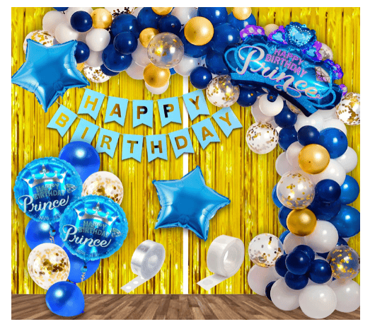 Blooms Mall | Blooms Mall Blue Happy Birthday Decoration Items Kit Combo Set Metallic Confetti Balloons With Price Foil Balloon Foil Curtain Arch and Glue Dots - 50 pieces