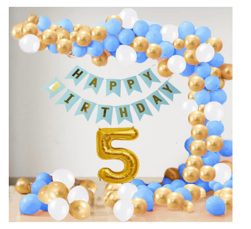Blooms Mall | Blooms Mall 5 Year Decoration kit For Boy and Girl Happy-Birthday 62 Pcs Combo Items 20 golden, 20 White 20 Blue balloons and 13 letter happy birthday banner and 5 letter golden foil balloon.