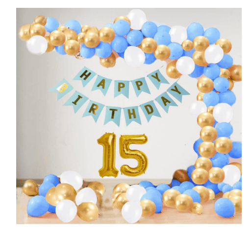 Blooms Mall | Blooms Mall 15 Year Decoration kit For Boy and Girl Happy-Birthday 62 Pcs Combo Items 20 golden, 20 White 20 Blue balloons and 13 letter happy birthday banner and 15 letter golden foil balloon.