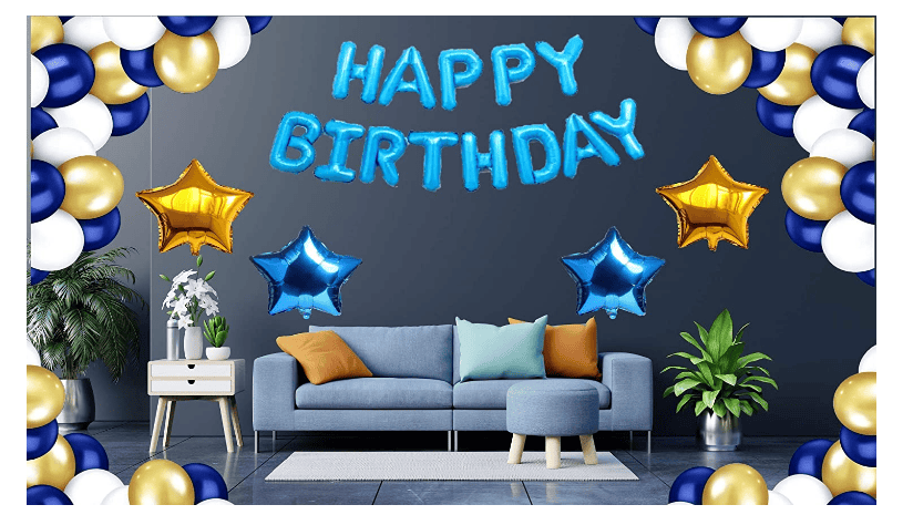Blooms Mall | Blooms Mall Happy Birthday Decoration Items  Blue Foil HBD+ 30 HD Metallic Royal Blue , Gold & White Balloons Decoration +  (2 Gold Star & 2 Royal Blue) Star 