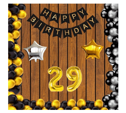 Blooms Mall | Blooms Mall  29 no Gold Foil Balloons + Happy Birthday Decoration Black Banner Set of 13 Letters with 30 HD Metallic Gold , Silver & Black Balloons + 1 Gold & 1 Silver Star Foil Balloons Pack of 47