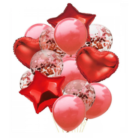 Blooms Mall | Blooms Mall  (Red Confetti Star Heart, Pack of 14)-10 pcs metallic balloon (Red) - 2 pcs red heart 2 pcs red star 5 pcs red confetti balloon 
