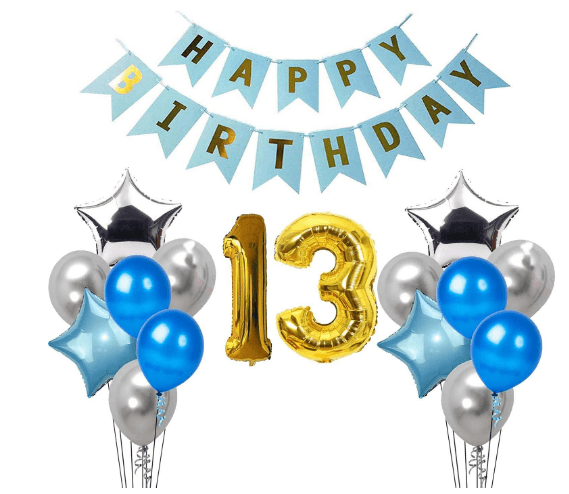 Blooms Mall | Blooms Mall 1 set Happy Birthday Banner (Blue color), 2 pcs Blue  foil star + 2 pcs silver star foil, 50 Pcs Metallic Balloons (Blue & Silver ),13No. Foil Number Golden
