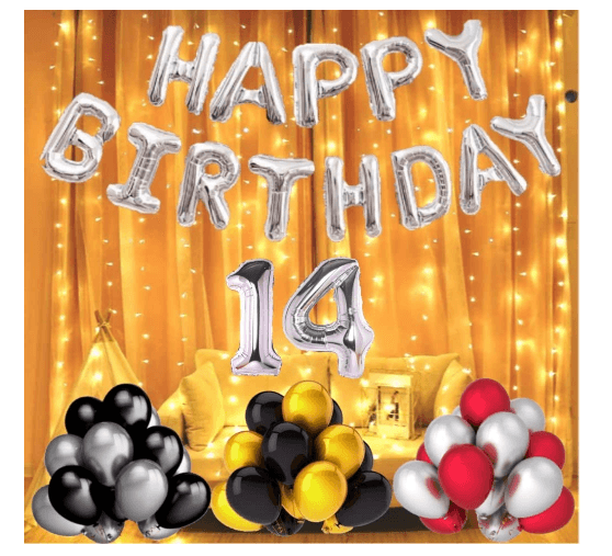 Blooms Mall | Blooms  Mall  1 set Happy Birthday Foil (silver  Color),, 40 Pcs Metallic Balloons (Golden +Black+Silver+Red ), 14No. Foil Number Silver 