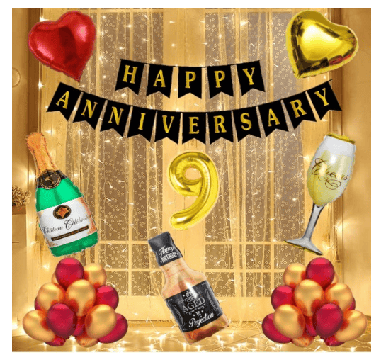 Blooms Mall | Blooms  Mall  1 set Happy Anniversary  Banner (Black   Color), ),9 No. Foil Number Golden + Green Champagne + 1 pc Aged to Perfection 1 Whiskey Champagne Foil Balloon 