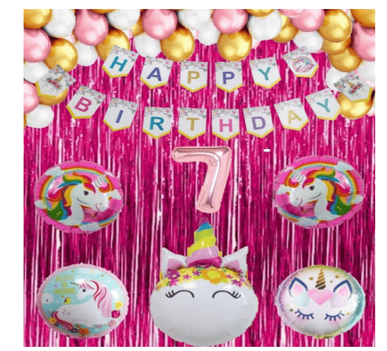Blooms Mall | Blooms  Mall  1 set Happy Birthday Banner (Unicorn shape),2 pcs pink  fringe Curtain + 5 pc Unicorn Foil Balloon Set + 30 Pcs Metallic Balloons ( Pink , White & Gold),7 No. Foil Number Rose gold 