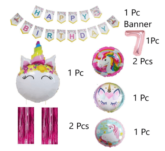Blooms Mall | Blooms  Mall  1 set Happy Birthday Banner (Unicorn shape),2 pcs pink  fringe Curtain + 5 pc Unicorn Foil Balloon Set + 30 Pcs Metallic Balloons ( Pink , White & Gold),7 No. Foil Number Rose gold  1