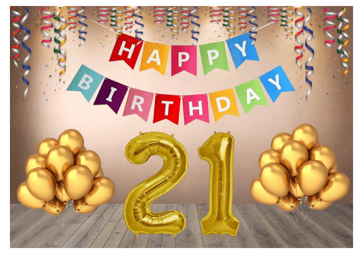 Blooms Mall | Blooms  Mall  1 set Happy Birthday Banner (Multi color  Banner ), 30 Pcs Metallic Balloons  (Gold),21 No. Foil Number ( Golden )