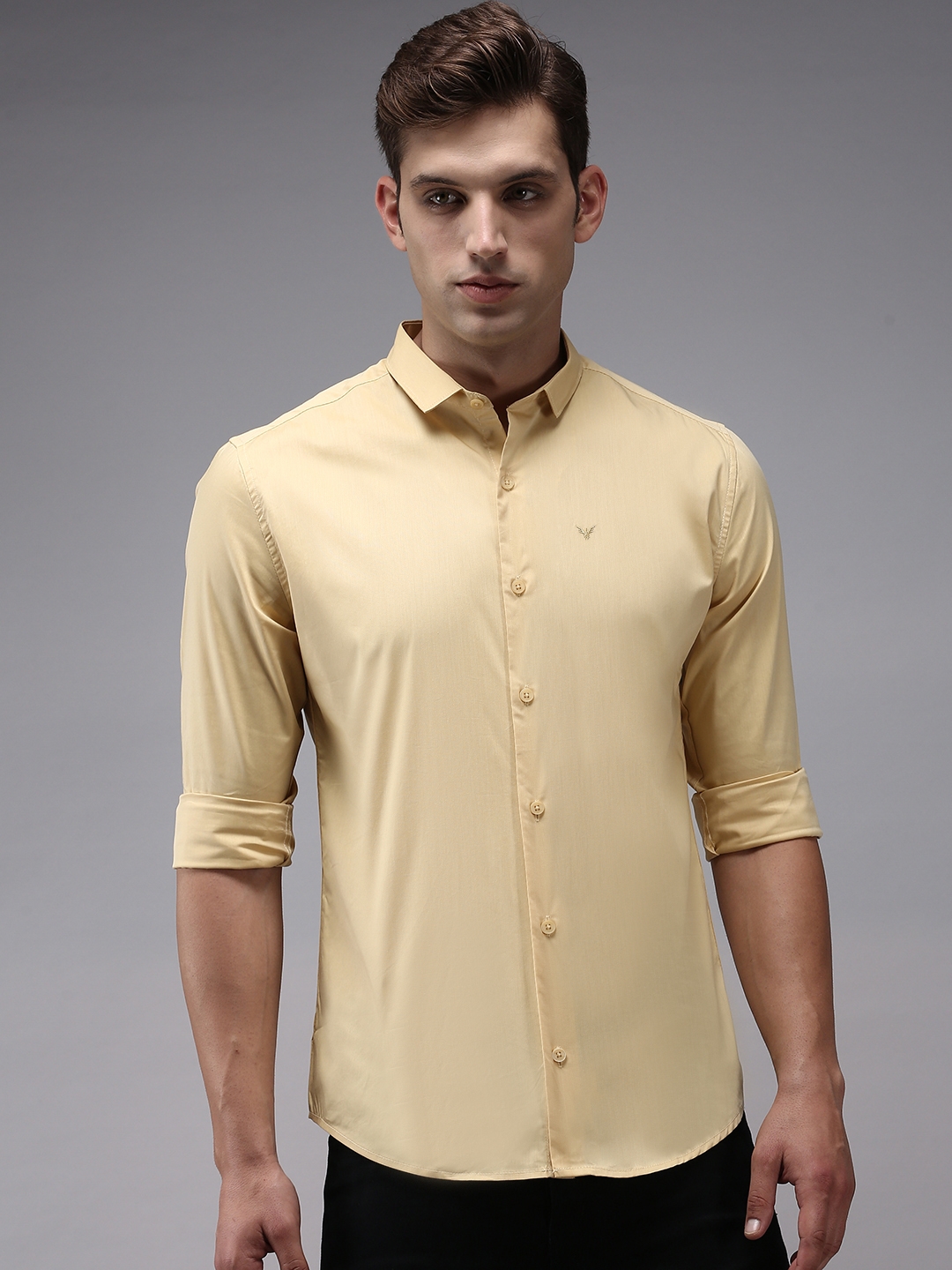 Showoff | SHOWOFF Men's Yellow Spread Collar Solid Comfort Fit Shirt