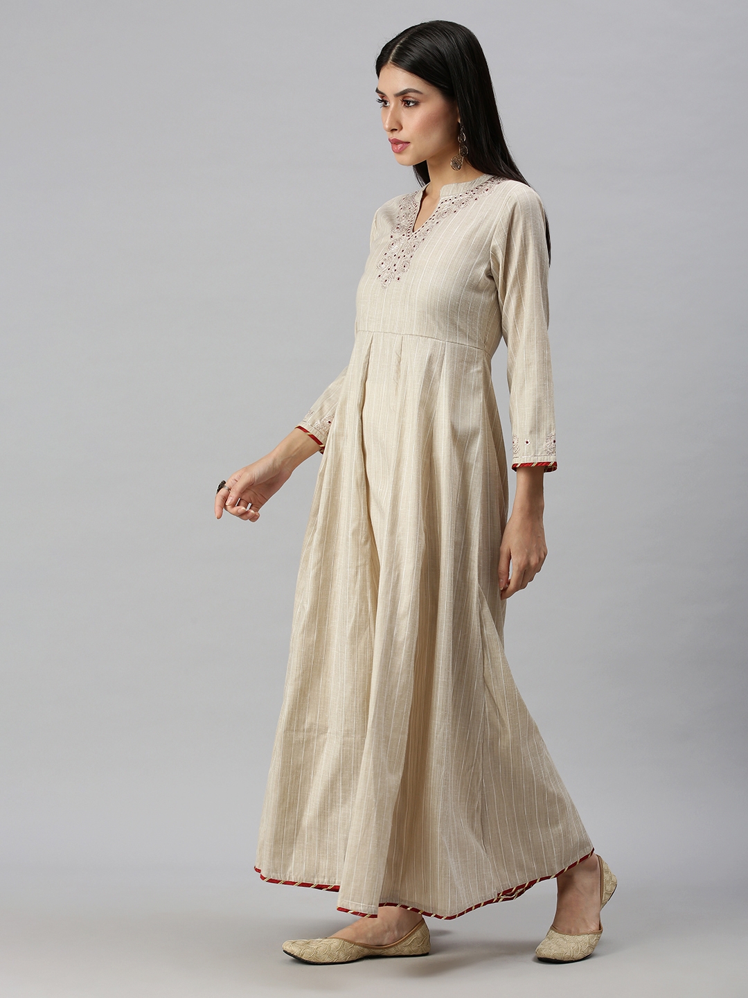 SHOWOFF Women Cotton Blend Woven Design Beige Printed Anarkali Kurta