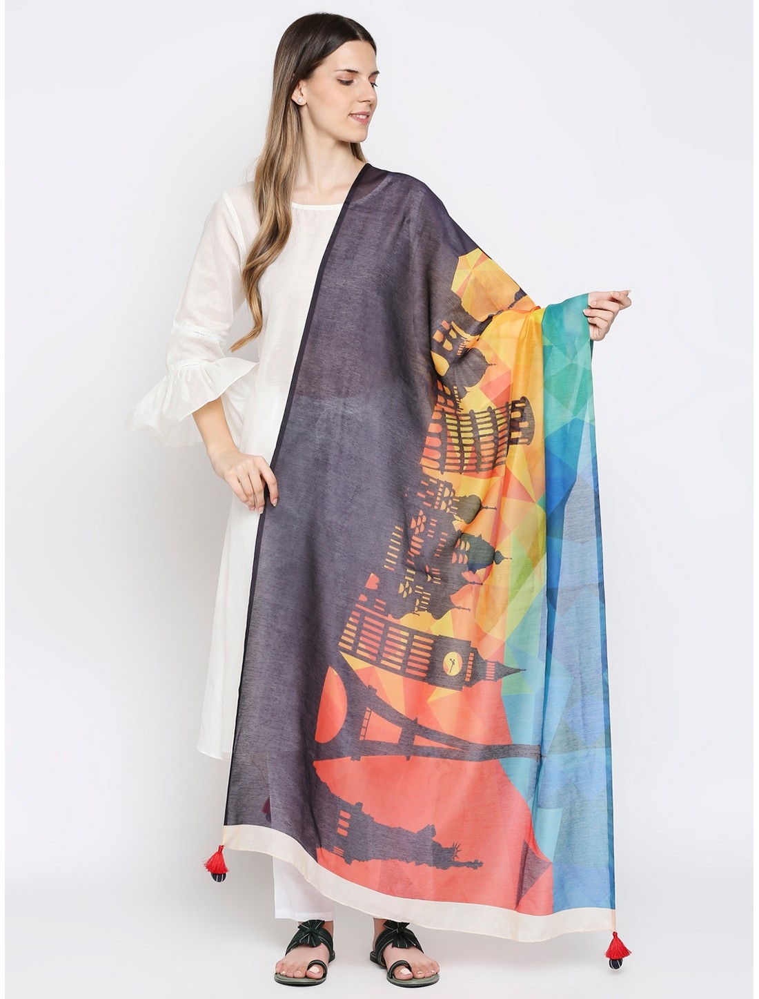 Get Wrapped | Get Wrapped Digital Multi-Coloured Dupatta with Fancy Tassels For Women