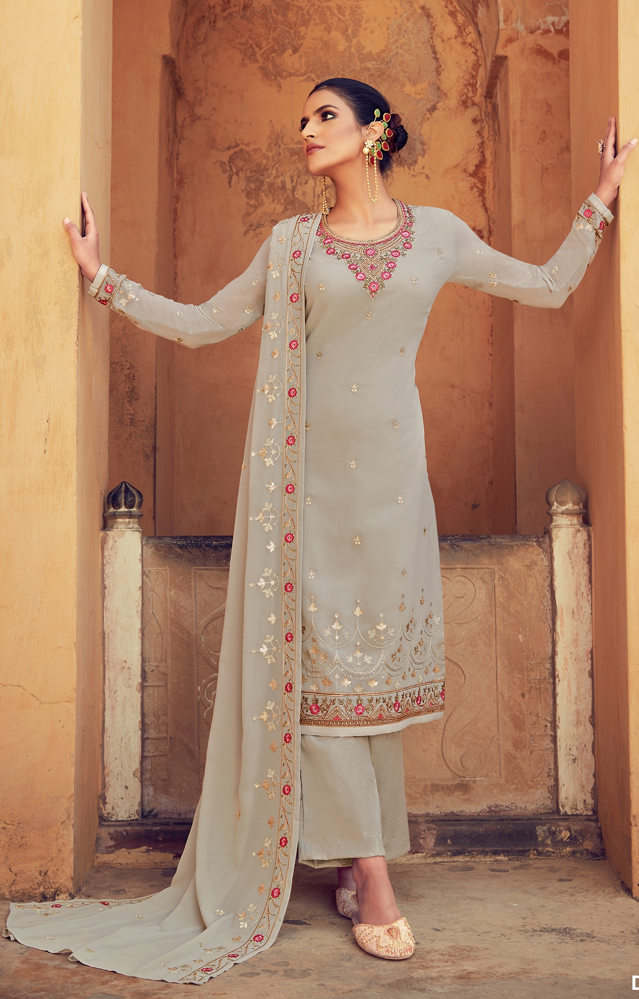 SHAILY RETAILS | Grey Color Georgette Embroidery & Sequence & Hand Work Unstitched Dress Material-FL_ASTRO3005_DM