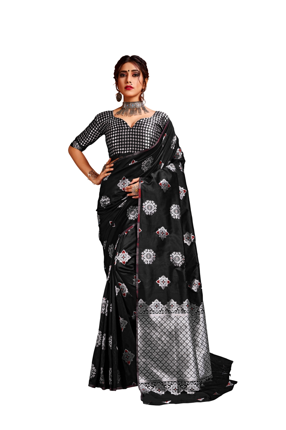 Glemora | Glemora Black Lichi Silk Bhagyashree Saree With Unstitched Blouse