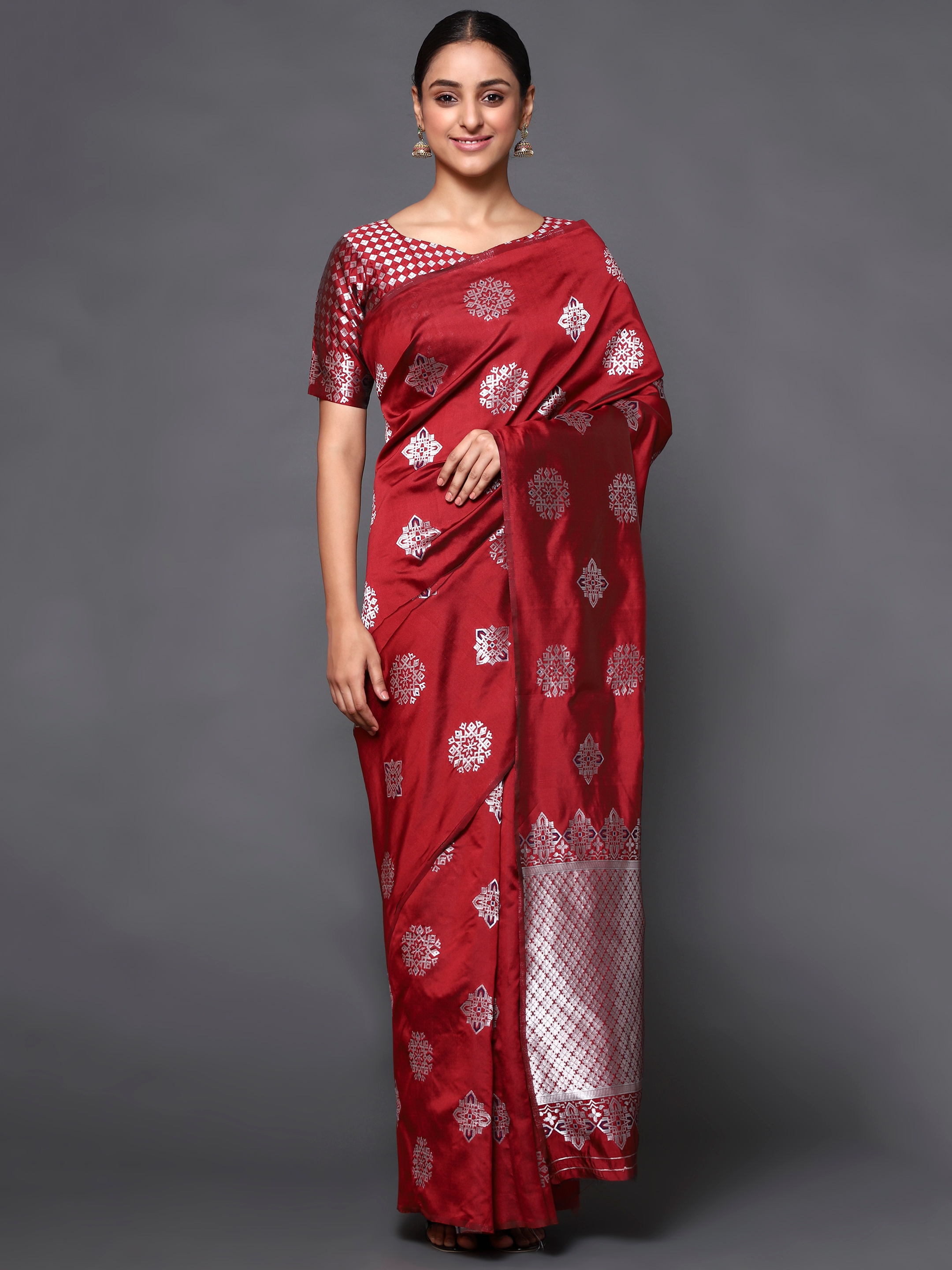 Glemora | Glemora Red Fancy Ethnic Wear Silk Blend Banarasi Traditional Saree