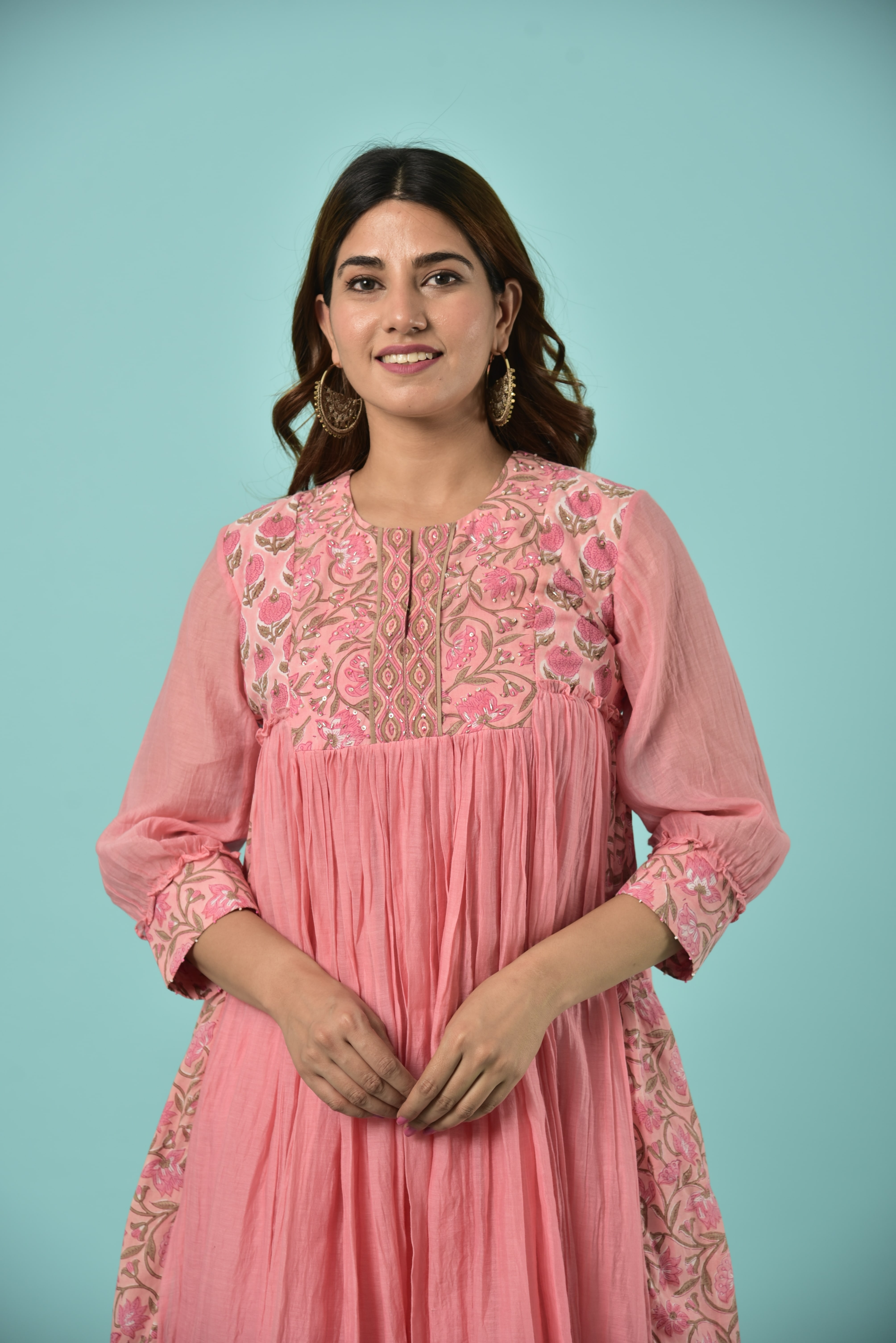Pink mughal print chanderi kurta with cotton pants