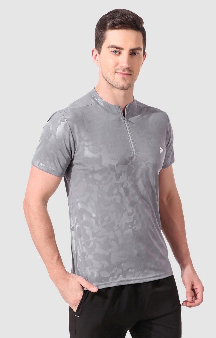 Fitinc Grey Polyester Mandarin Collar T-Shirt