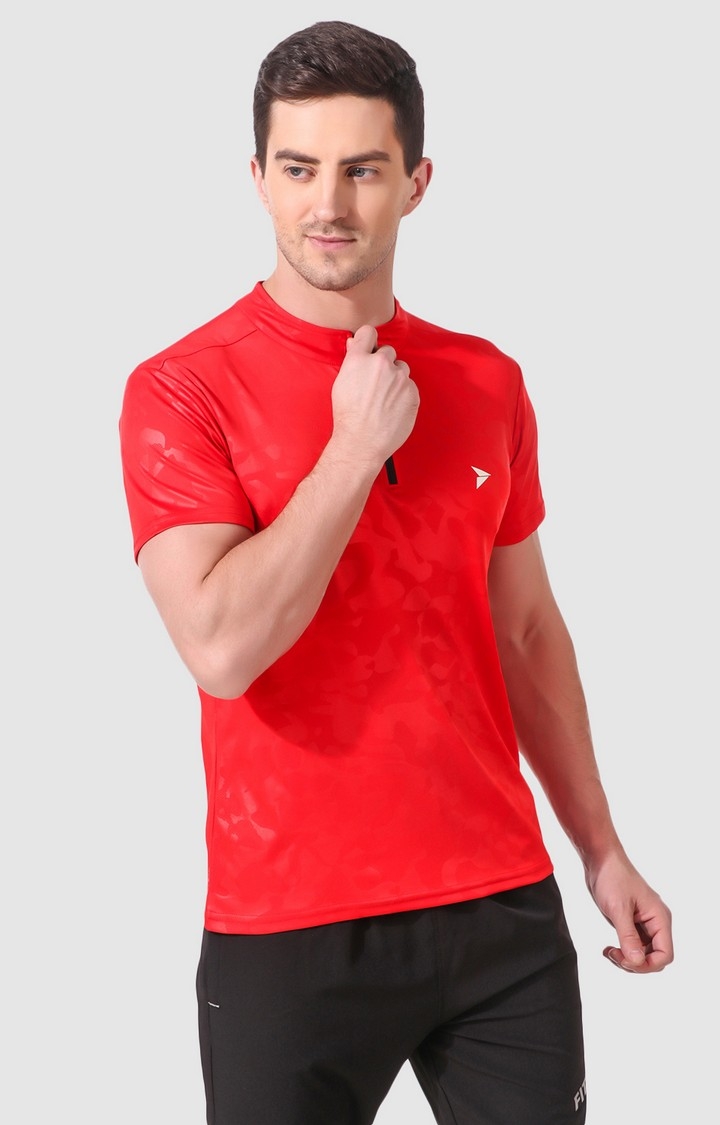 Fitinc | Fitinc Red Polyester Mandarin Collar T-Shirt