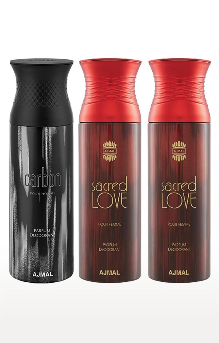 Ajmal Carbon & Sacred Love & Sacred Love Deodorant Spray - For Men & Women (200 ml, Pack of 3) 