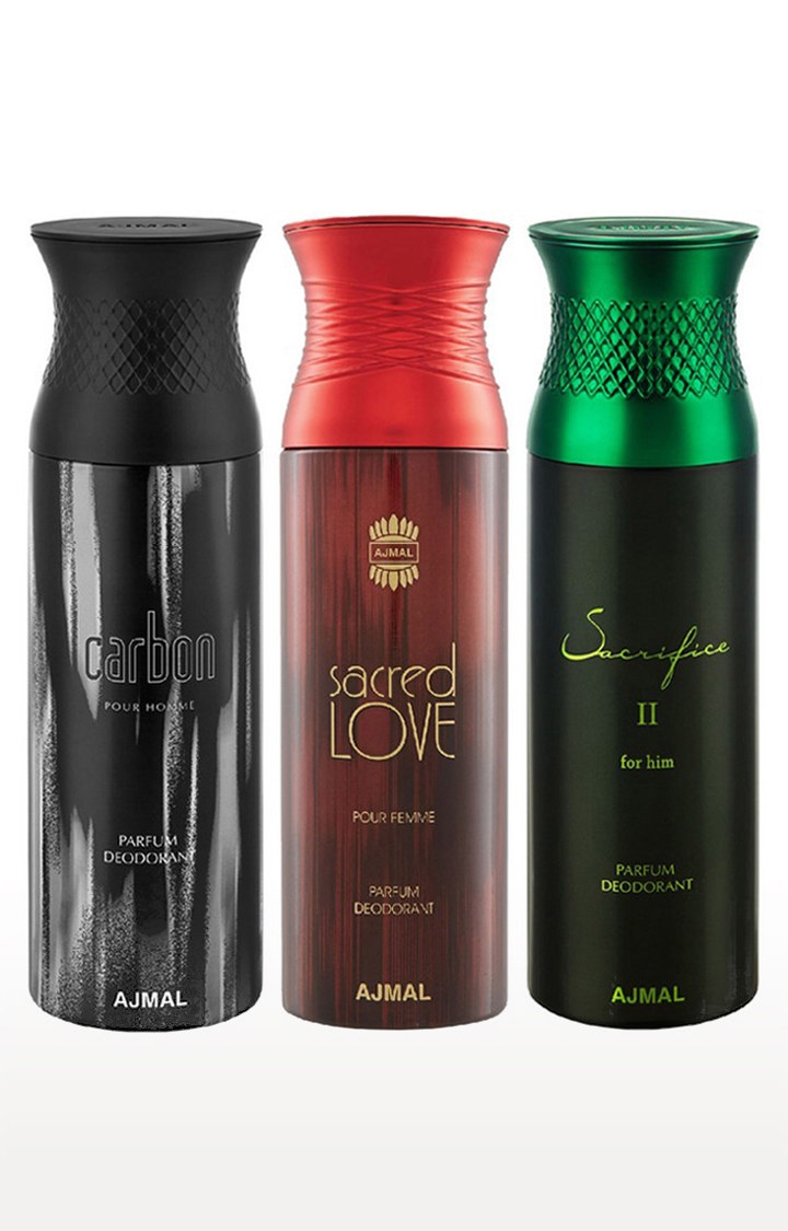 Ajmal Carbon & SacredLove & Sacrifice II Deodorant Spray - For Men & Women (200 ml, Pack of 3) 