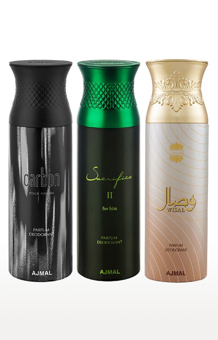 Ajmal Carbon & Sacrifice II & Wisal Deodorant Spray - For Men & Women (200 ml, Pack of 3) 