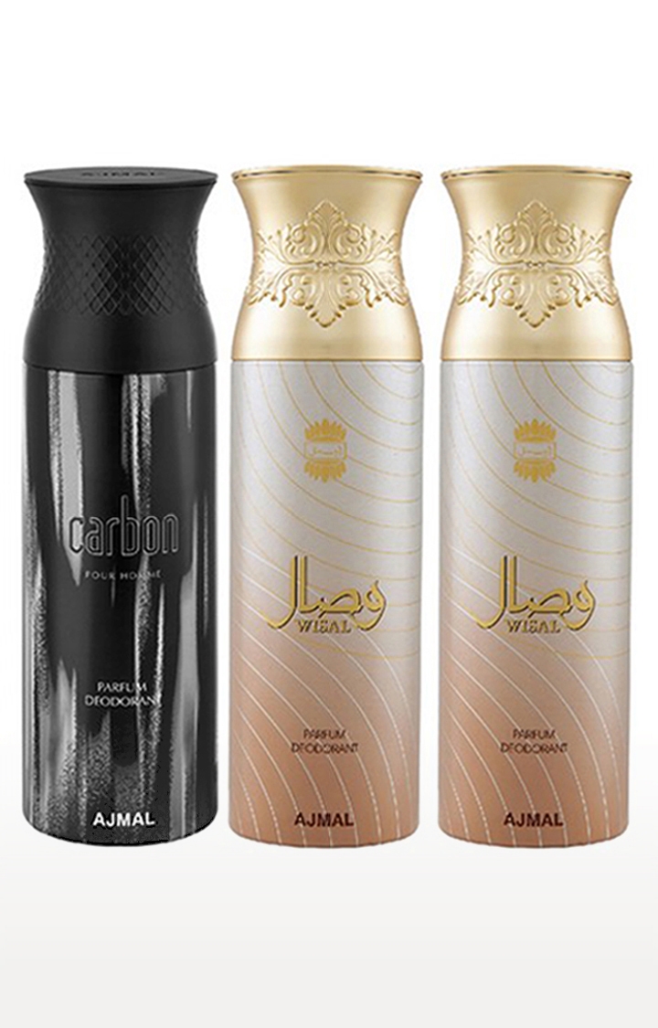Ajmal Carbon & Wisal Deo & Wisal Deodorant Spray - For Men & Women (200 ml, Pack of 3) 