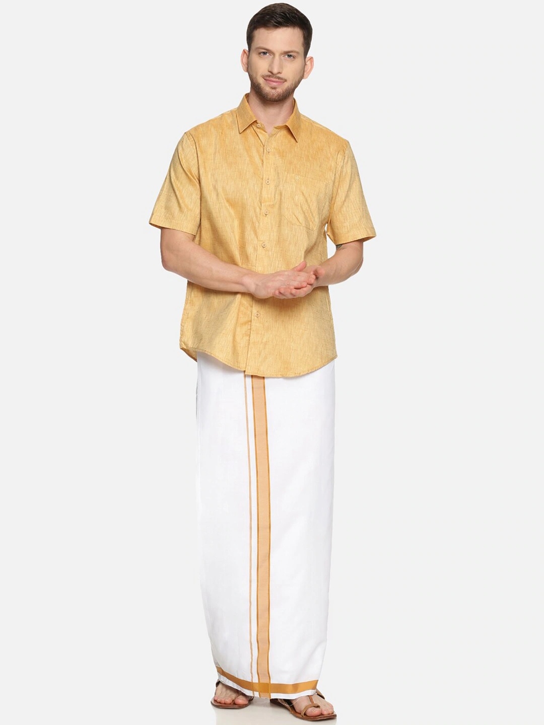 Ramraj | RAMRAJ COTTON Men Mustard Yellow Solid Shirt  Dhoti Set