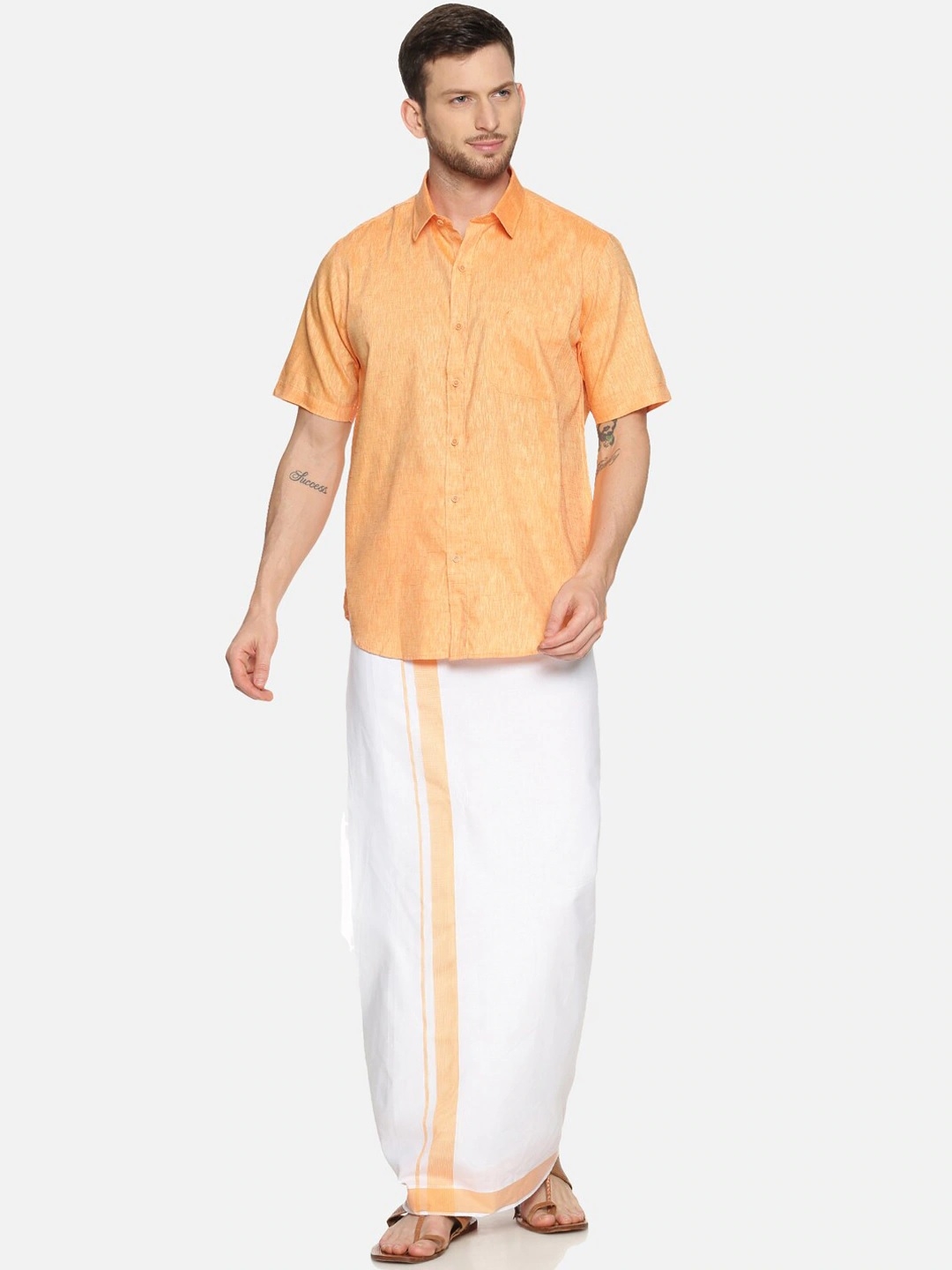 RAMRAJ COTTON Men Orange  White Solid Shirt with Dhoti