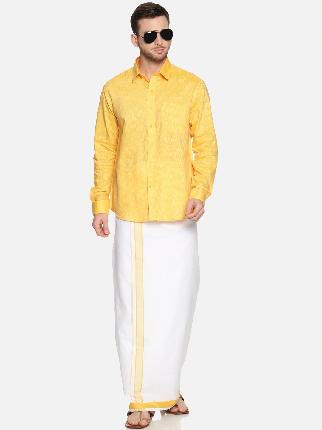 Ramraj | RAMRAJ COTTON Men Yellow  White Solid Shirt with Dhoti