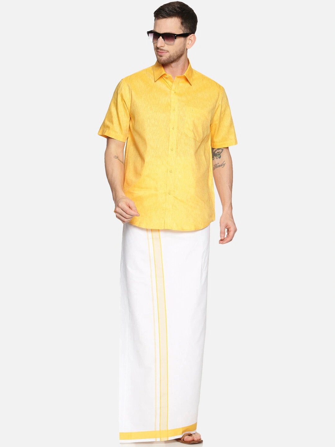 Ramraj | RAMRAJ COTTON Men Yellow  White Cotton Solid Shirt with Dhotis
