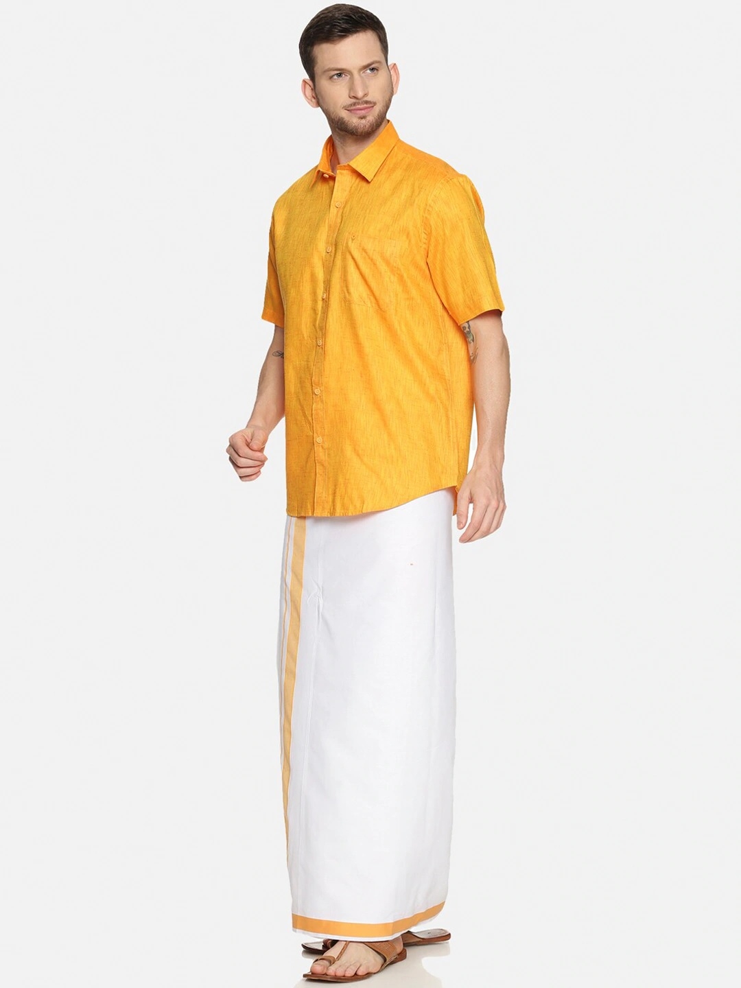 Ramraj | RAMRAJ COTTON Men Yellow  White Solid Shirt with Dhoti
