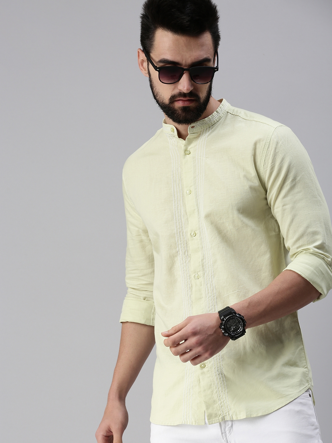 Showoff | SHOWOFF Men's Casual Mandarin Collar Green Solid Shirt