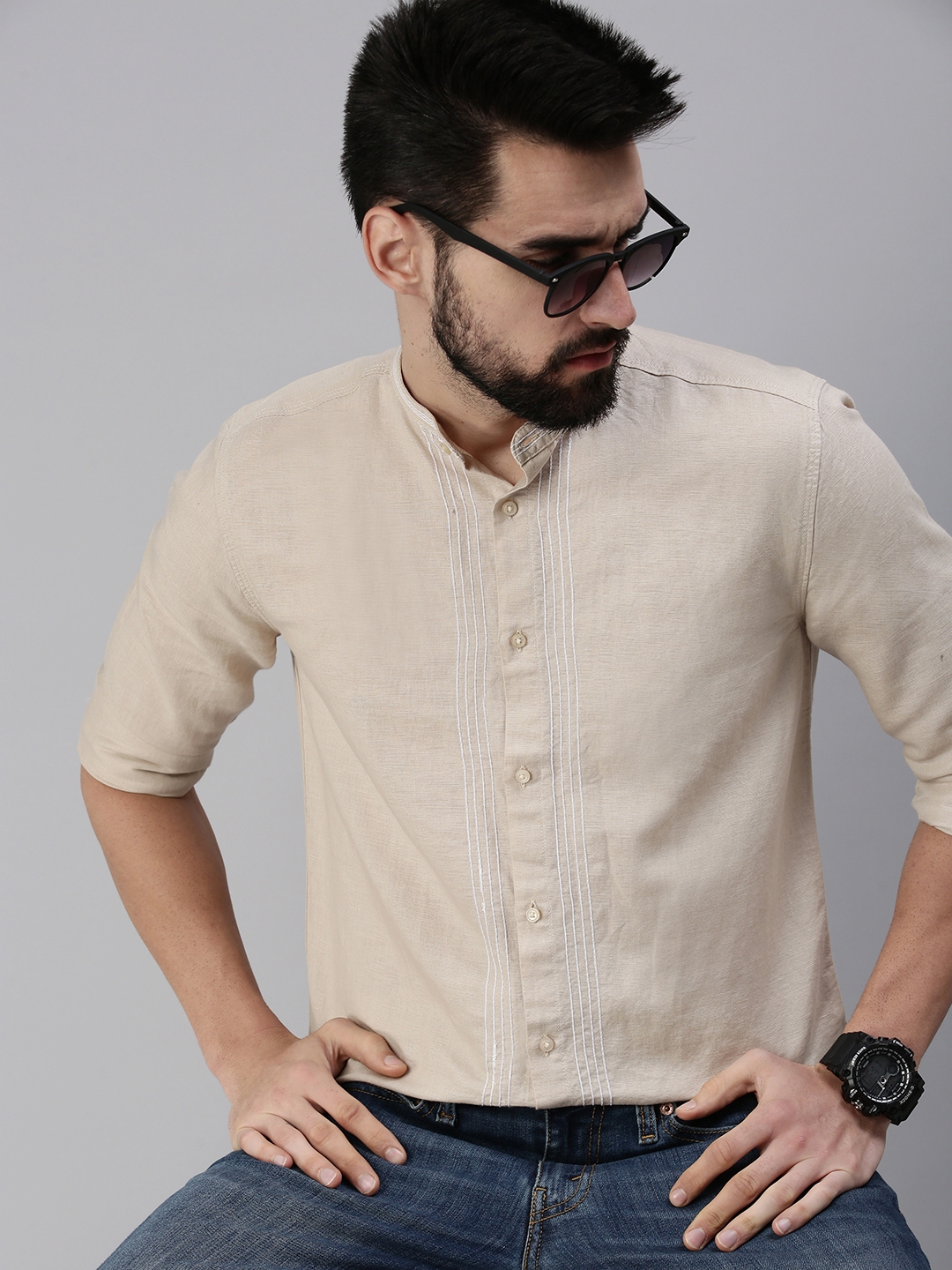 Men's Beige Linen Solid Casual Shirts