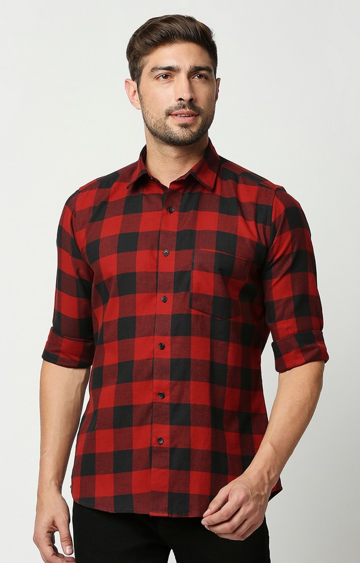 EVOQ | EVOQ's Red and Black Block Checks Full Sleeves Cotton Casual Shirt for Men